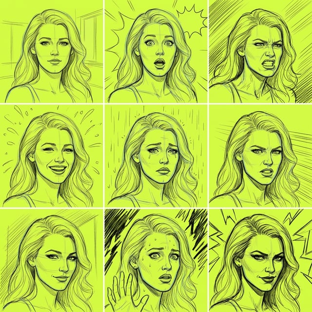 Sketch lineart comic rough pencils of a woman displaying nine different emotional expressions in a grid layout.
