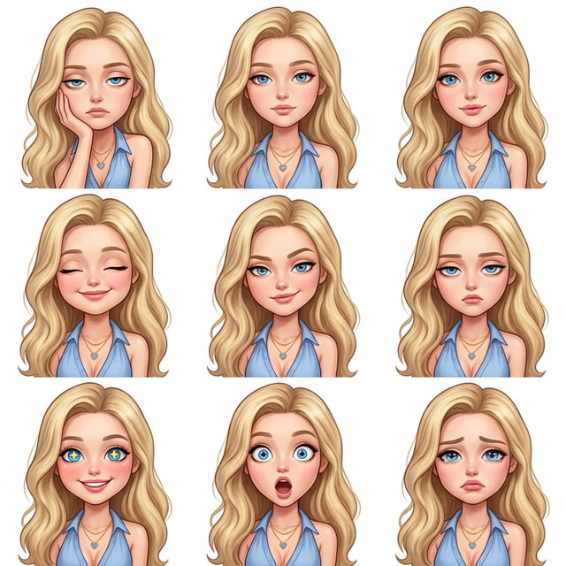 Photo to glossy 3d cartoon expression grid dual panel editorial caricature of a blonde woman showing nine different emotions.