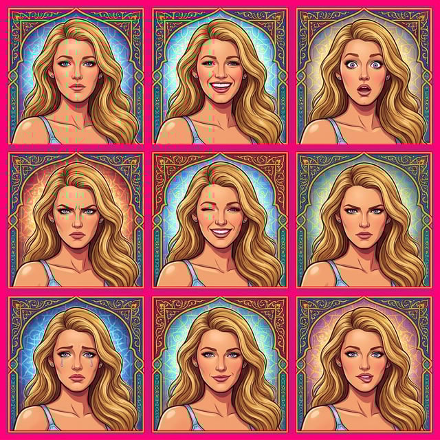Cartoon style middle eastern cartoon portraits of a blonde woman showing nine different emotions with ornate backgrounds.