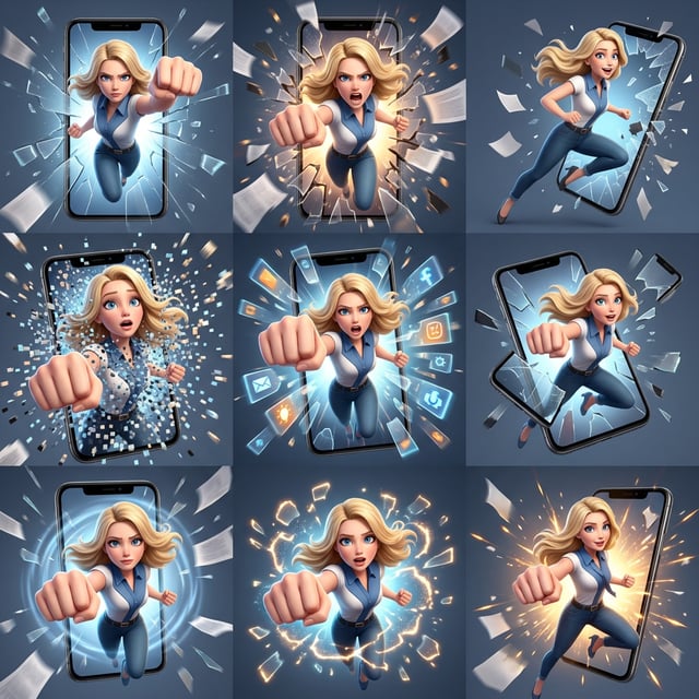 Reality breaking illusion screen breakout action of a determined woman punching through a smartphone with digital icons flying out.