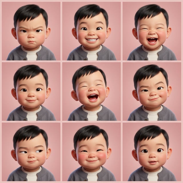 Photo to glossy 3d cartoon expression grid in Pixar style of a cute Asian baby boy showing various emotions.