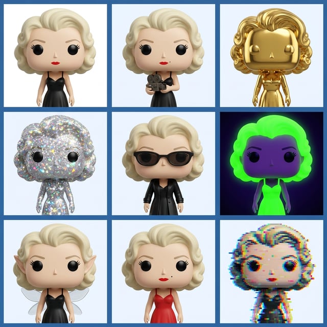 Toy figurine transformation funko pop vinyl toys showcasing Marilyn Monroe in various styles and effects.