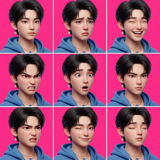 Pixar 3D cartoon boy East Asian boy with various expressive emotions and a pink background.