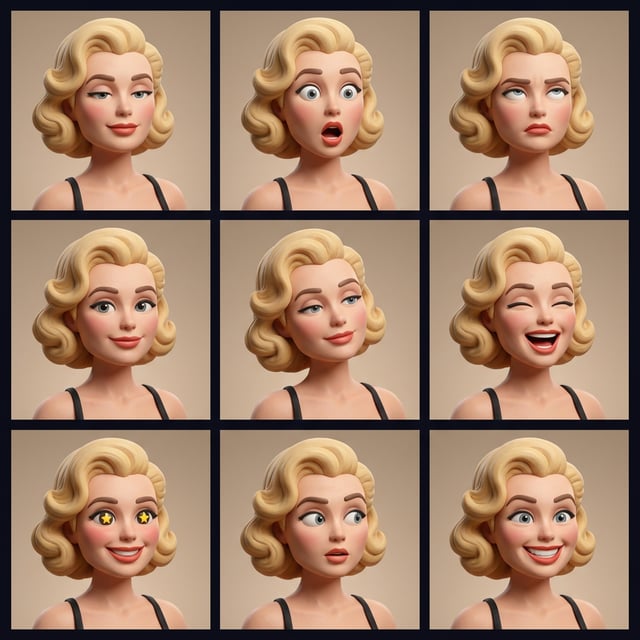 Photo to glossy 3D cartoon expression grid in claymation style shows a blonde woman with various playful and surprised facial expressions.
