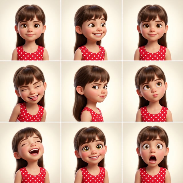 Photo to glossy 3d cartoon expression grid of a young girl showing various personalities and emotions in a red polka dot dress. character personality 3d