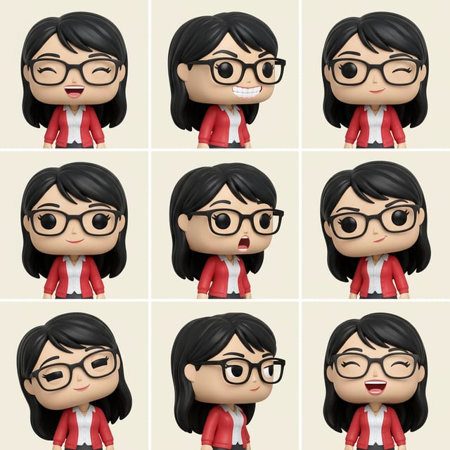 Photo to glossy 3d cartoon expression grid in funko style featuring a woman with glasses and a red jacket.