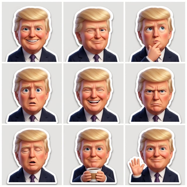 Sticker pack generator emoji 3d single sticker of Donald Trump with various expressions and holding a coffee cup.