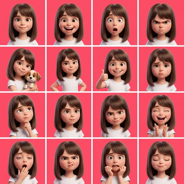 Custom Pixar style 3D avatar grid showcasing a girl's diverse emotions and expressions on a pink background. cm pixar style 3d avatar grid