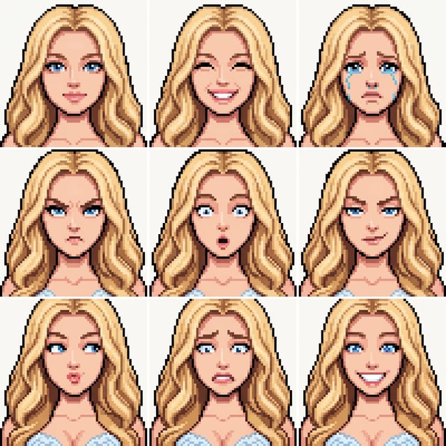 Pixel art converter pixel portrait avatar of a blonde woman showing nine different emotional expressions in a grid layout.