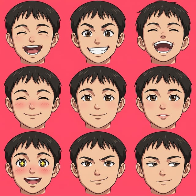 Anime lp avatar ad showcasing a young man's diverse expressions, from joy to contemplation.