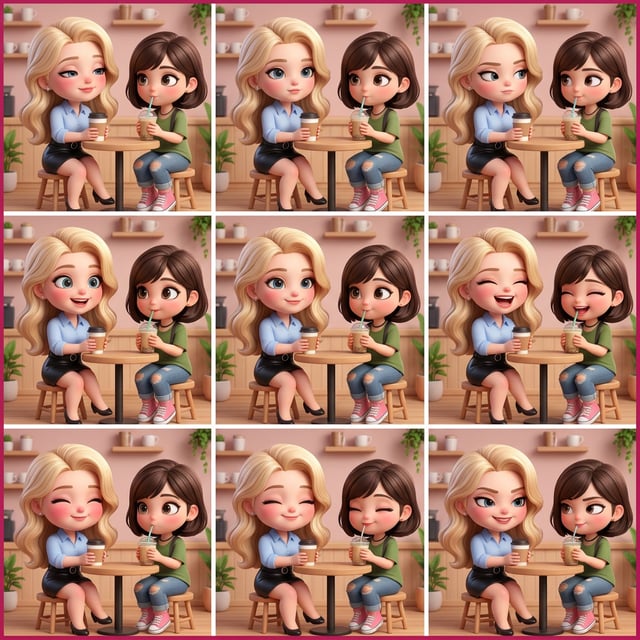 Photo to glossy 3d cartoon expression grid of a chibi cafe duo with blonde and brunette friends sharing drinks.