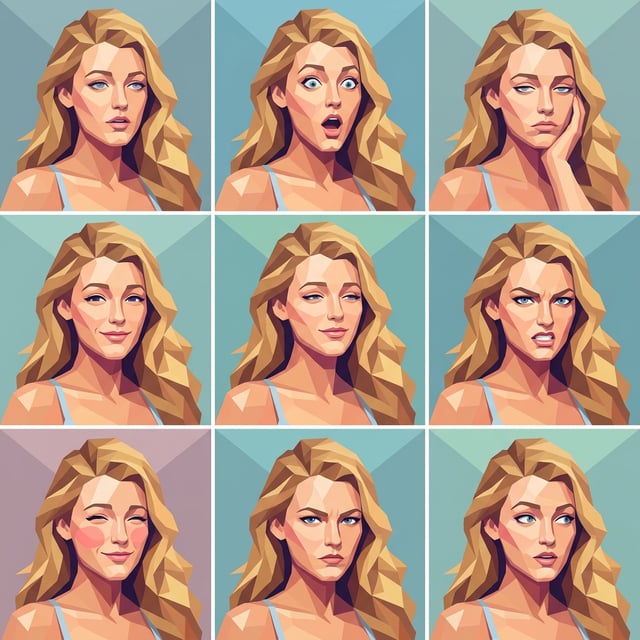 Photo to glossy 3d cartoon expression grid in lowpoly style showing a woman's nine different facial emotions.