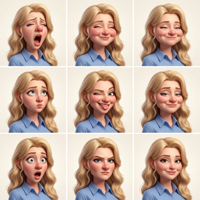 Photo to glossy 3d cartoon expression grid of a blonde woman showing grotesque comedy caricature emotions.