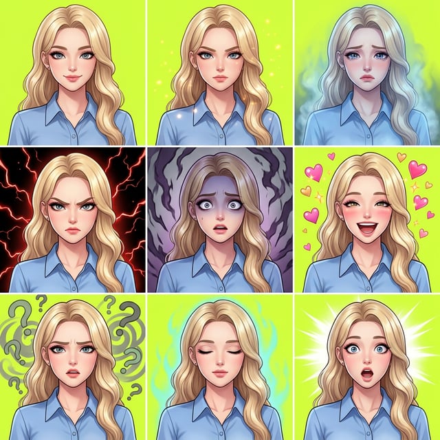 Manhwa webtoon illustration of a blonde woman displaying various emotions from anger to surprise with vibrant backgrounds. anime manga illustration