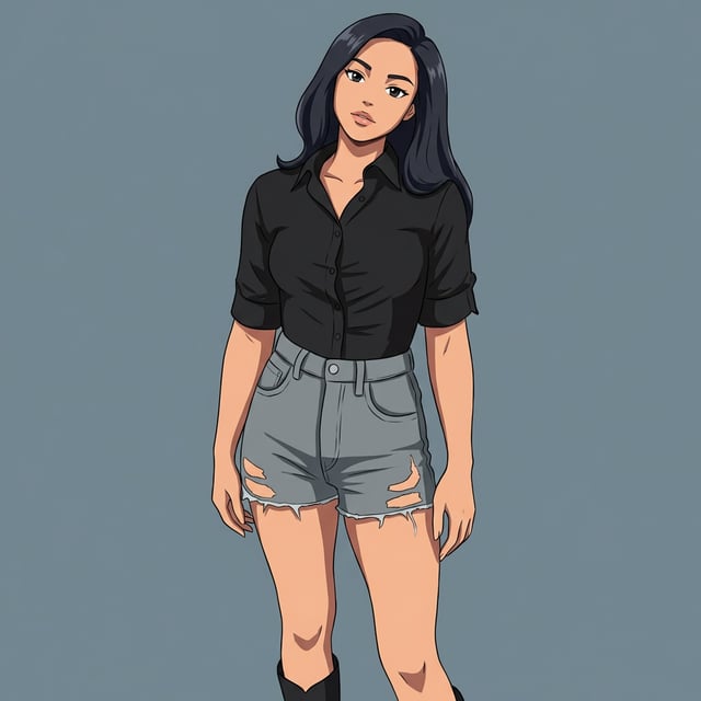 Cel style lp anime ad featuring a woman in a black shirt and ripped denim shorts.