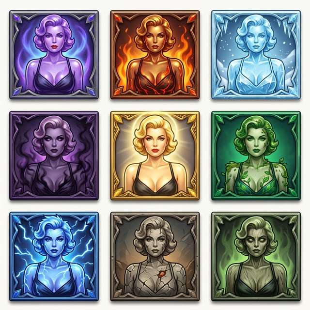 Game asset stylizer game UI elements featuring elemental portraits of a woman in purple, fire, ice, shadow, light, nature, lightning, stone, and poison themes.