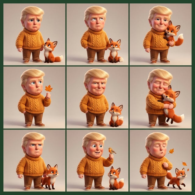 Photo to glossy 3d cartoon expression grid of a boy and fox companion in autumn scenes. pixar autumn fox companion