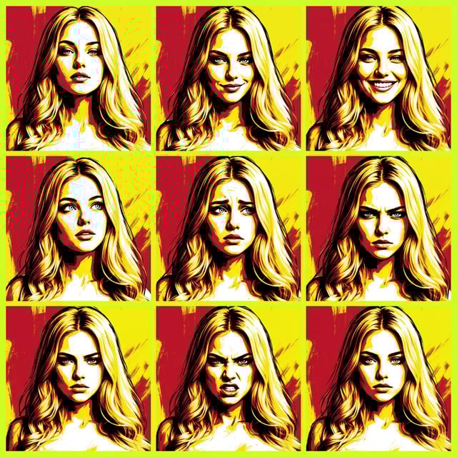 Fine art painting bold brushstroke poster of a blonde woman displaying nine different emotional expressions in a grid layout.