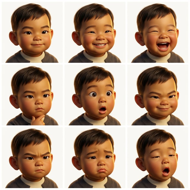 Pixar 3D cartoon boy with Middle Eastern features displays various expressive emotions against a clean background. middle eastern boy
