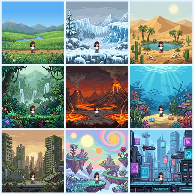 Pixel art converter pixel landscape scenes showcase diverse environments from lush jungles to futuristic cities.