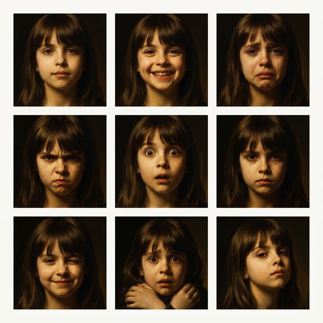 Fine art painting baroque Rembrandt style portraits of a young girl expressing various emotions with dramatic chiaroscuro lighting.