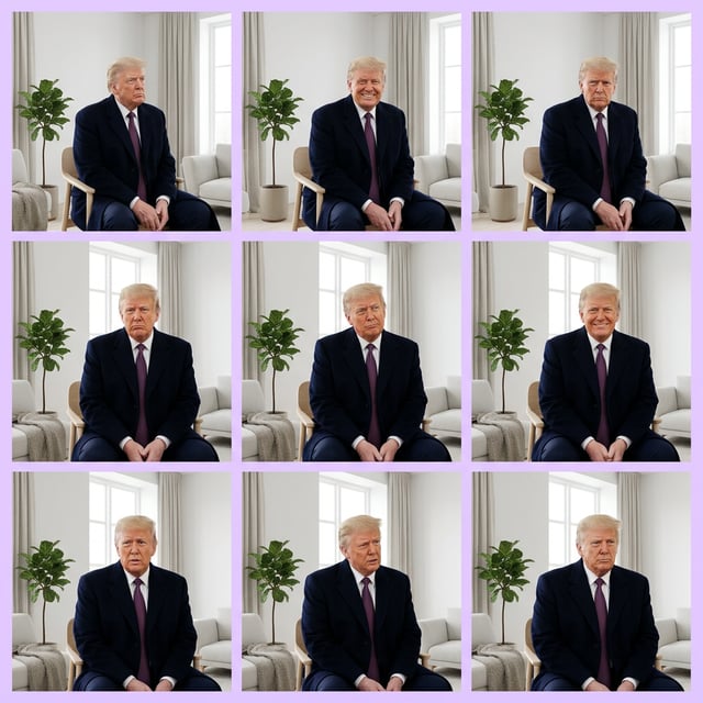 Interior exterior stylizer in Scandinavian minimal style of Donald Trump in a modern living room with different facial expressions.
