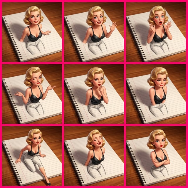 Reality breaking illusion notebook popout of a blonde woman in various playful poses on lined paper. notebook popout illusion