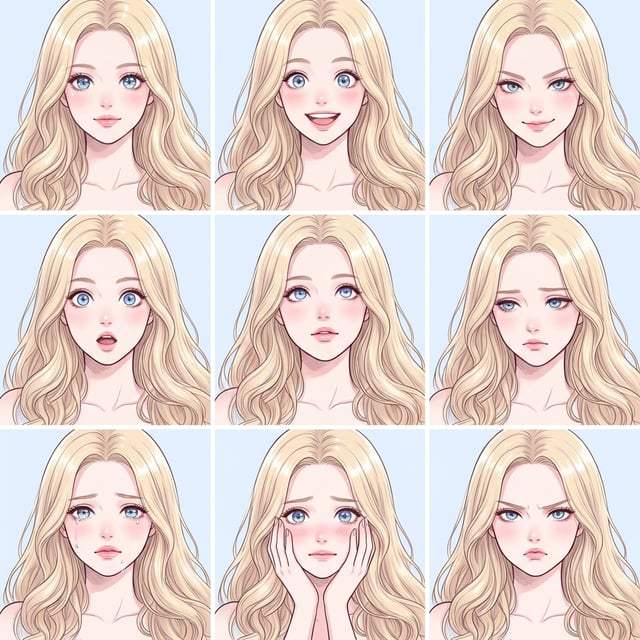Anime manga illustration of a blonde girl showing various shojo romance expressions against a soft blue background.