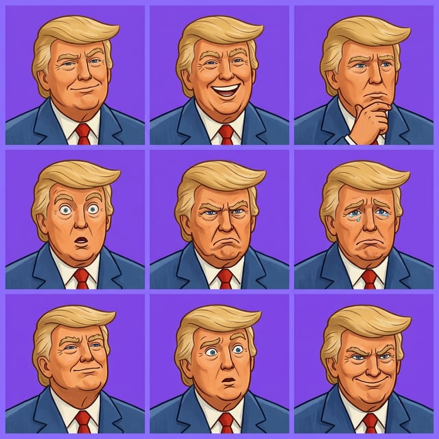 Cartoon style Russian Soyuzmultfilm portraits of Donald Trump displaying various exaggerated emotions on a purple background.