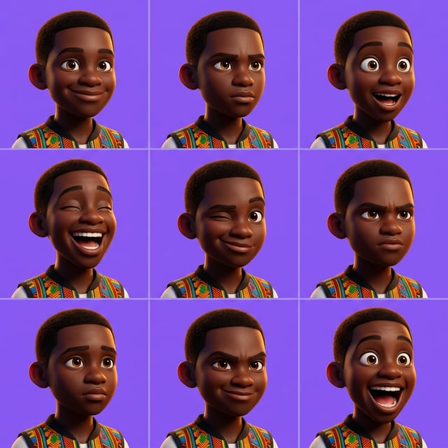 Pixar 3D cartoon boy with various expressive faces, wearing a colorful African-inspired vest. african boy
