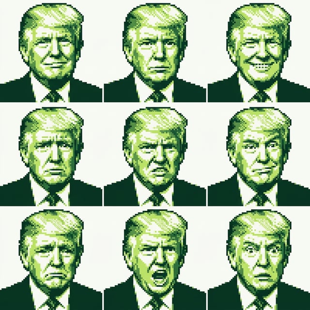 Pixel art converter Gameboy 4color portraits of Donald Trump displaying various facial expressions in a grid layout.