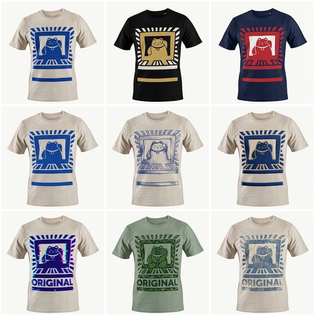 Product photography stylizer of various t-shirts with cat designs in a clean white studio setting. white studio product