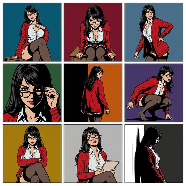 Book cover illustration sci fi retro paperback of a woman in a red cardigan and glasses in various poses.