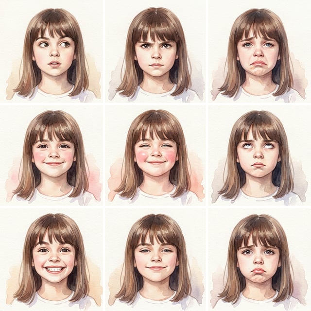 Photo to glossy 3d cartoon expression grid with watercolor luminescence shows a girl's face displaying nine different emotions.