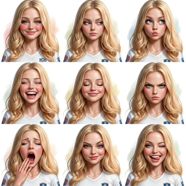 Photo to glossy 3d cartoon expression grid of a sports star caricature showing various emotions and playful expressions.