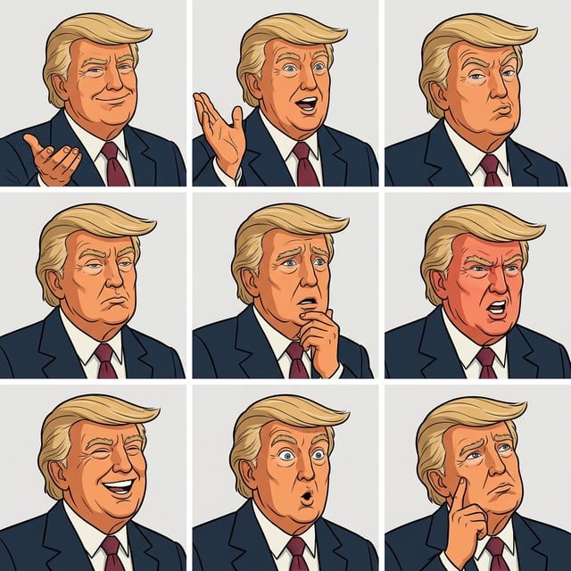 Cartoon style Italian cartoon portraits of Donald Trump displaying various exaggerated facial expressions and emotions.