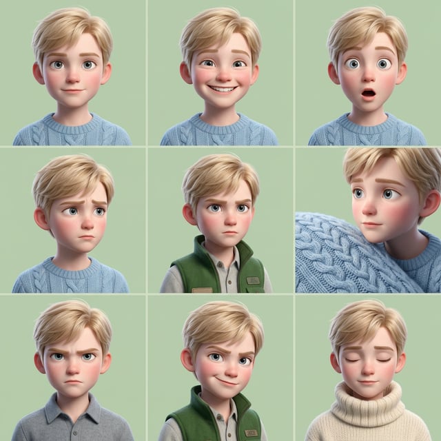 Pixar 3D cartoon boy with nordic scandinavian style shows various emotions in a collage of portraits. nordic scandinavian boy