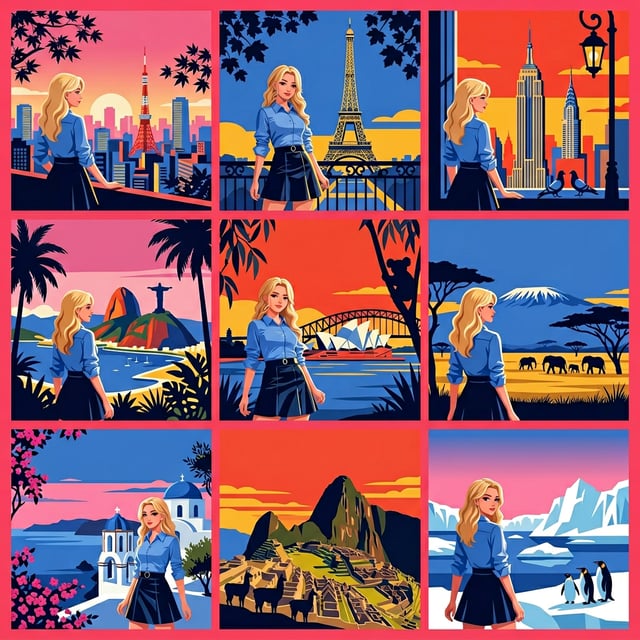 Advertising poster generator featuring retro travel poster scenes of iconic global landmarks with a blonde woman.