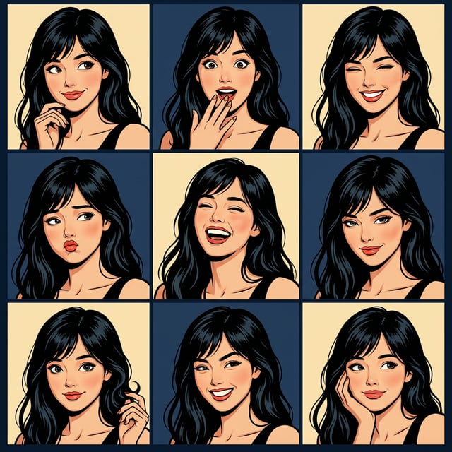 Fashion editorial illustration of retro pin up style portraits featuring a woman with black hair in various playful expressions. retro pin up illustration