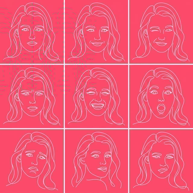 Sketch lineart minimalist line portrait of a woman's face showing nine different emotions on a pink background.
