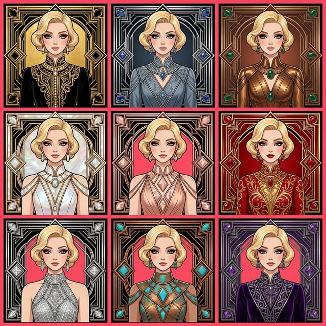 Fashion editorial illustration of art deco fashion portraits featuring a blonde woman in various glamorous outfits.