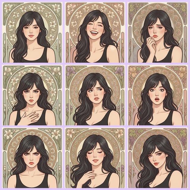 Fine art painting in art nouveau Mucha style of a woman with flowing hair displaying various emotions.