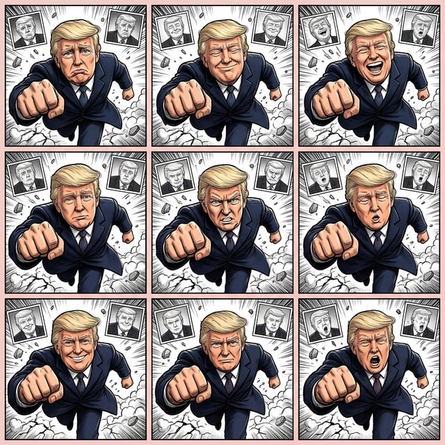 Photo to glossy 3d cartoon expression grid in comic action breakout style shows Donald Trump with nine different facial expressions.