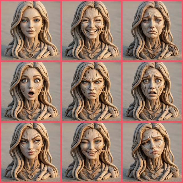 Material transformation driftwood sculpture portraits of a woman displaying various emotions on a sandy background.