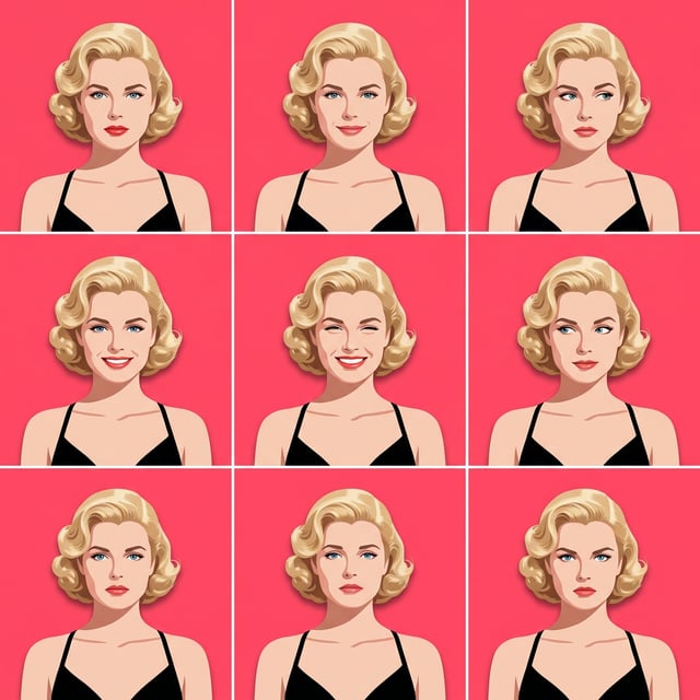 Advertising poster generator featuring a Japanese minimalist ad style portrait of a woman with blonde hair and various expressions.