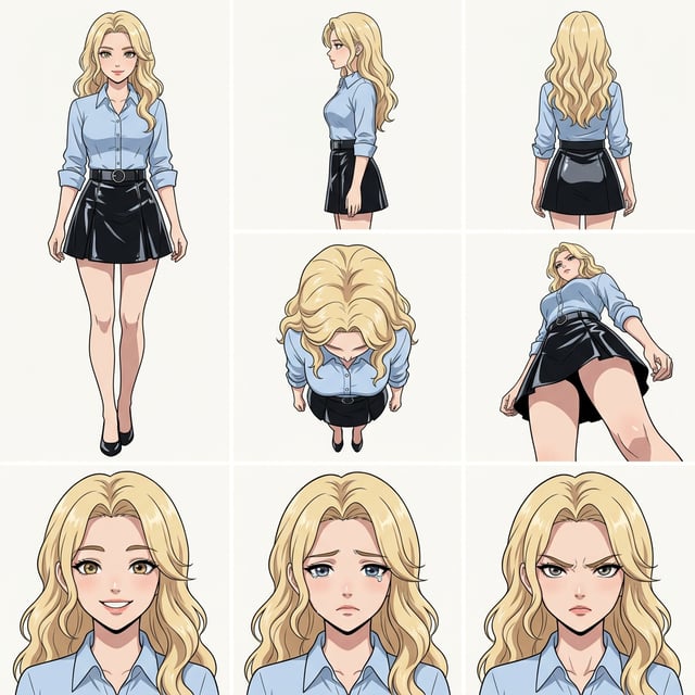 Character design tools character design sheet of a blonde woman in various poses and expressions, anime style.