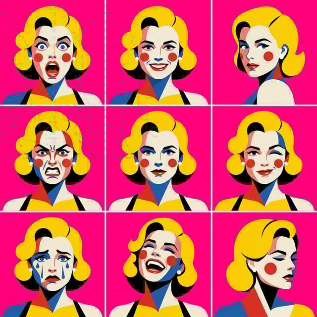 Bauhaus cartoon art styles of a woman displaying various emotions against a vibrant pink background. art styles cartoon