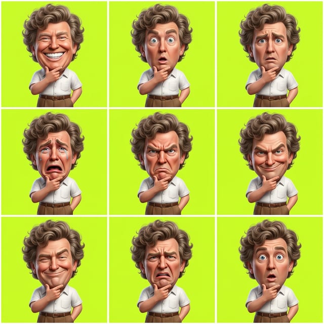 Custom 3D caricature transformation of a man displaying various exaggerated emotions against a bright green background. cm 3d caricature transformation