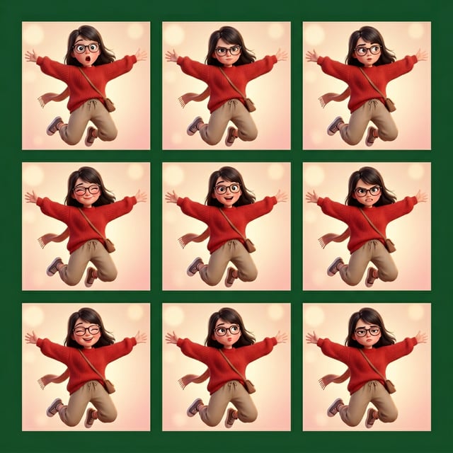Photo to glossy 3d cartoon expression grid of a joyful girl in Pixar style, full body, jumping with different emotions. pixar fullbody joyful
