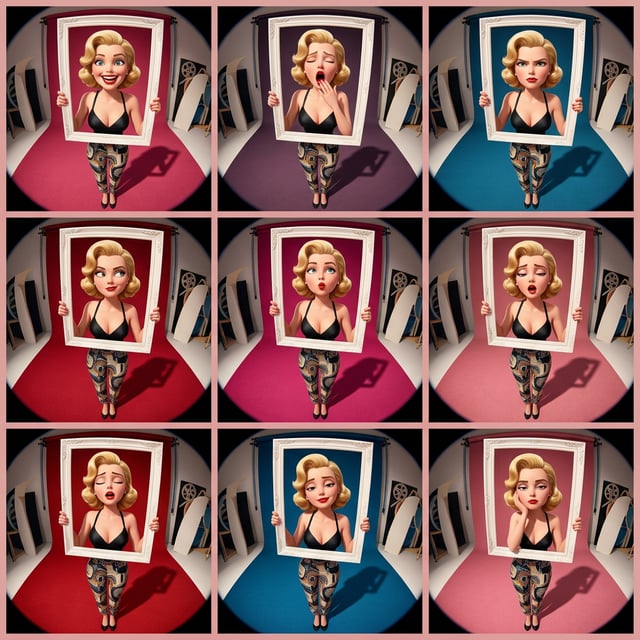 Photo to glossy 3d cartoon expression grid of a woman in a fisheye creative portrait showing nine different emotions.